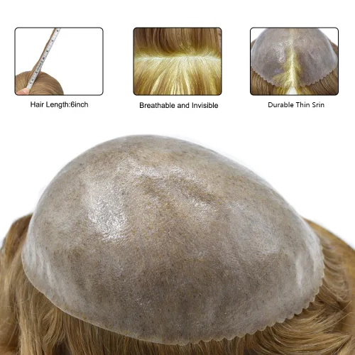 Vista 45 de Toupee para hombre 100% cabello humano real tupé para hombres 0.004 in piel de poliuretano para hombre, sistema de reemplazo de piezas de pelo