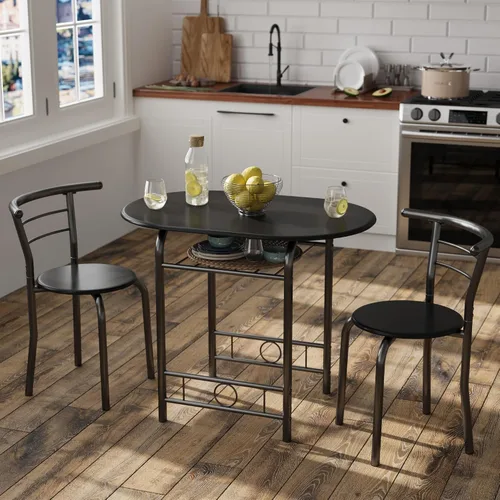 Vista 2 de JUMMICO Juego de mesa redonda y silla de madera de 3 piezas, ahorro de espacio, rincón de desayuno, mesa de grano de madera con marco de metal