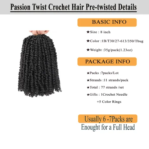 Vista 2 de Cabello Corto PassionTwist de 8 Pulgadas Cabello Pre-retorcido Passion Twists Cabello de Ganchillo Pre-enrollado Cabello Rizado de Ganchillo para 1b