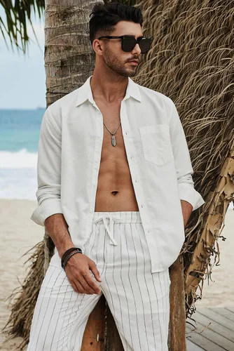 Vista 5 de JMIERR Camisa de vestir de manga larga con botones y lino de algodón para hombre