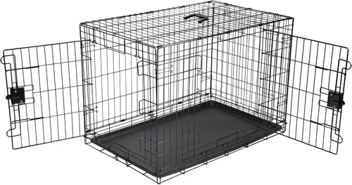 Vista 7 de Amazon Basics Caja de perro duradera y plegable de alambre de metal con bandeja, puerta individual, 18 x 12.4 x 15 pulgadas, color negro