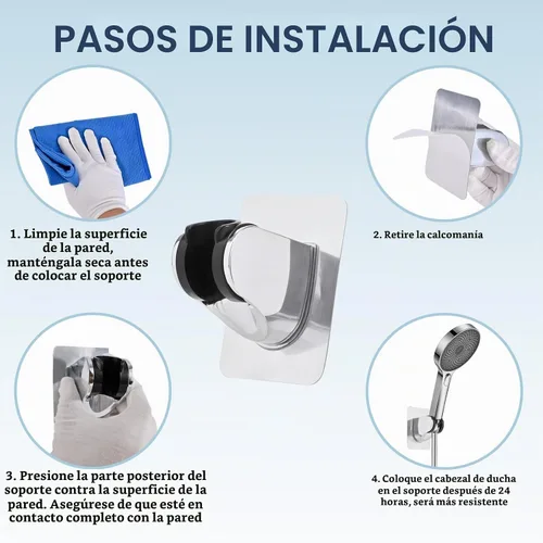 Vista 2 de Soporte para cabezal de ducha, adhesivo fuerte e impermeable, soporte de pared, soporte de cabezal de ducha de mano ajustable, sin taladrar y usar