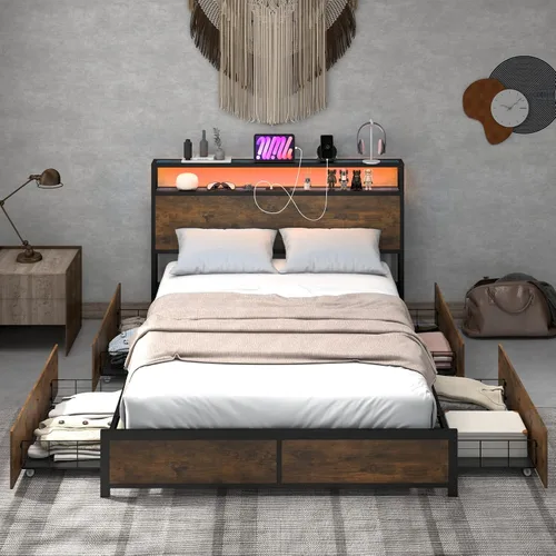 Vista 3 de Giantex Base de cama matrimonial con cabecero de luces LED y 4 cajones de almacenamiento, plataforma de metal con tomas de corriente y puertos USB