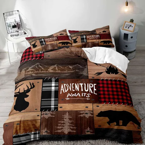 Vista 13 de LUVIVIHOME 2 piezas de funda de edredón con diseño de osos, alces y ciervos en negro, juego de cama individual, ropa de cama rústica de estilo La