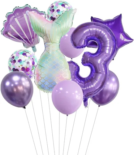 Vista 24 de 7 globos de sirena con números para fiesta de cumpleaños de 1, 2, 3, suministros de decoración de cola de sirena para niñas (número 0)