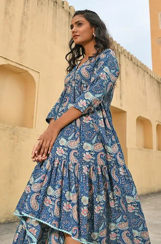 Vista 8 de Janasya Vestido indio de algodón verde azulado con estampado floral para mujer