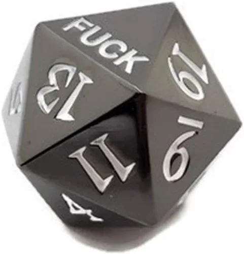 Vista 3 de Juego de dados de metal D20 Fuck Critical Fail F de 20 caras DND Negro Gunmetal Número de color para juegos de rol Dungeons and Dragons D&D