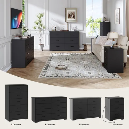 Vista 7 de LIDYUK Cómoda negra para dormitorio, cómoda de 6 cajones y cómodas, cómoda de madera moderna, cómoda de 48 pulgadas de ancho para dormitorio