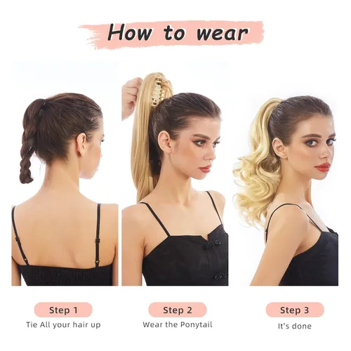 Vista 5 de Extensión de Cola de Caballo, Extensión de Cabello con Garra Larga de 20", Piezas de Cabello Sintético Ondulado Liso con Clip en Peluca de Cola