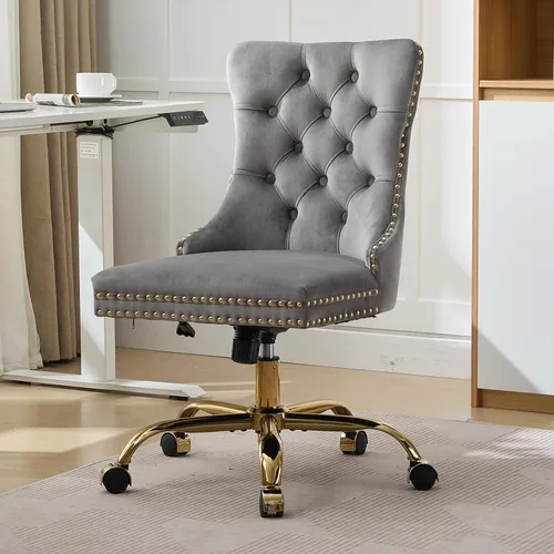 Vista 2 de Silla de escritorio de terciopelo gris con ruedas y base dorada, silla de oficina moderna giratoria cómoda, silla de tocador, silla de tarea, silla