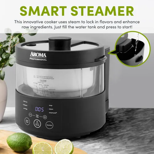 Vista 3 de Aroma Housewares Multicooker SmartCarb profesional de 8 tazas (cocidas) y vaporizador de alimentos con bloqueo de sabor para arroz y granos bajos