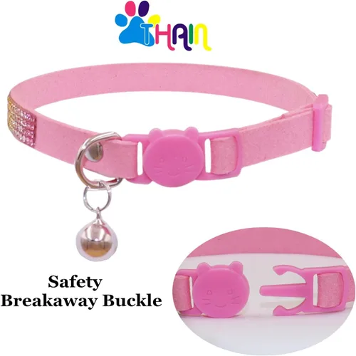 Vista 4 de THAIN Bling cat Collar de gatito Rainbow Rhinestone Breakaway Diamond con campana Terciopelo suave liberación rápida (rosa)