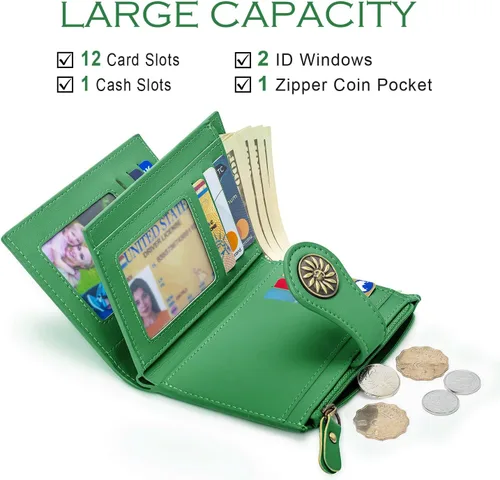 Vista 2 de Tipmile Billeteras pequeñas de cuero para mujer, con 2 ventanas de identificación, con bloqueo RFID, tarjetero con cremallera y bolsillo para Verde