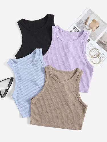 Vista 5 de SheIn 4 paquetes de camiseta corta sin mangas con cuello redondo para mujer