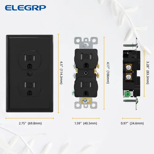 Vista 6 de ELEGRP Receptáculo dúplex resistente a manipulaciones, toma de pared dúplex eléctrica estándar de 15 A 125 V, 2 polos y 3 cables, 5-15R
