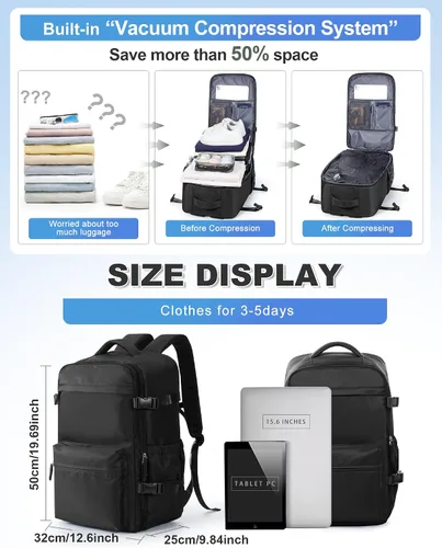 Vista 2 de winspansy Mochila de viaje esencial de viaje con bomba de aire, bolsas de compresión para viajes, transporte aprobado por vuelo, mochila