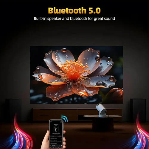 Vista 6 de Mini proyector con WiFi y Bluetooth, proyector 4K con altavoz base de sonido de 5 W, proyector portátil para dormitorio, proyector inteligente