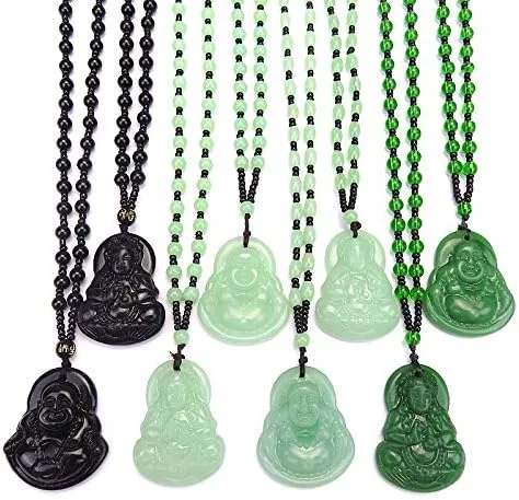 Vista 3 de Collar de cadena de cuentas de Buda de piedra de obsidiana imita la joyería del budismo de jade para mujeres y hombres protege la suerte Piedra