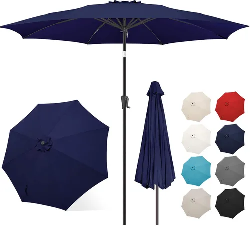 Vista 13 de FLAME&SHADE Sombrilla de patio de 11 pies, sombrilla de mesa para exteriores con botón de inclinación y manivela, protección UV, 8 varillas