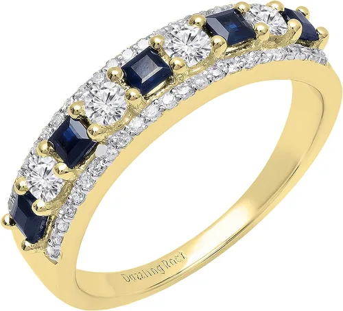 Vista 10 de Dazzlingrock Collection Anillo de boda de 9 piedras de zafiro azul princesa y diamante blanco redondo de 0.098 in cada uno en oro de 14 quilates