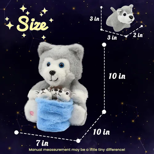 Vista 2 de Hopearl Husky de peluche LED con cubo extraíble que ilumina tu mamá y perro con 3 cachorros en la cesta, juego de animales de peluche disquetes