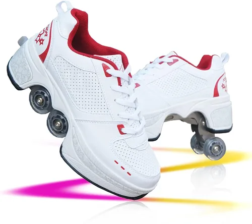 Vista 31 de Zapatos de patinaje convertibles para hombres y mujeres, zapatos de paseo automáticos para niños y adultos, patines con doble fila de ruedas, ruedas