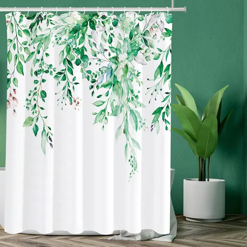 Vista 123 de Tititex - Juego de cortinas de ducha de eucalipto negro, hojas de acuarela gris en la parte superior, con decoración floral de baño, 60 x 72