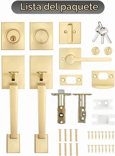 Vista 9 de EHOMEWARE Juego de manijas dobles para puerta delantera, paquete de 1 manija de puerta cuadrada de latón satinado, combinación de perilla de puerta