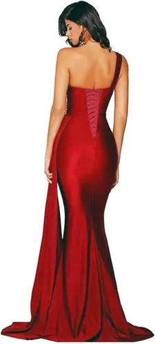 Vista 2 de Alikey Vestidos largos de dama de honor de sirena con un hombro descubierto, vestidos de fiesta de satén 2024 para mujer, vestidos de invitados