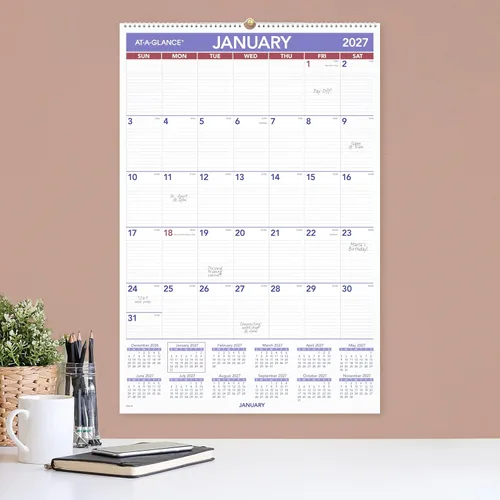 Vista 3 de AT-A-GLANCE Calendario de pared 2027, mensual, planificador de 20 x 30 pulgadas, bloques diarios a rayas (PM42827)