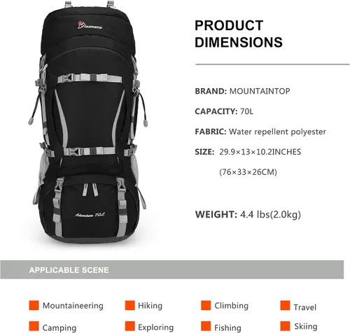 Vista 2 de MOUNTAINTOP 70L - Mochila con marco interno para camping, senderismo, mochila para hombres y mujeres con cubierta de lluvia Negro-70L