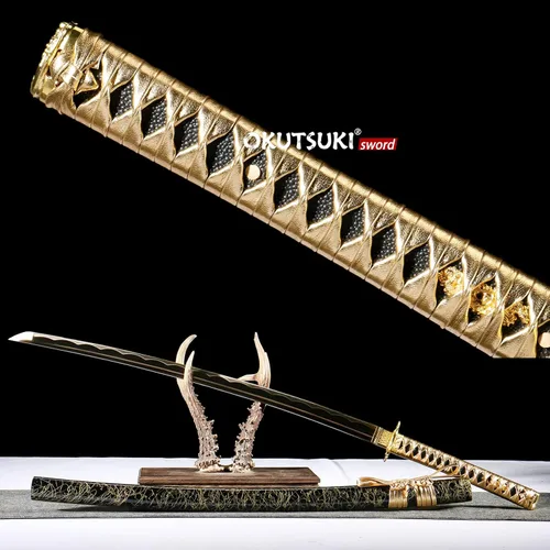 Vista 3 de Espada Katana de hoja nocturna dorada, 41 pulgadas, acero de alto carbono, parte superior afilada, hecha a mano, espada samurái japonesa espiga