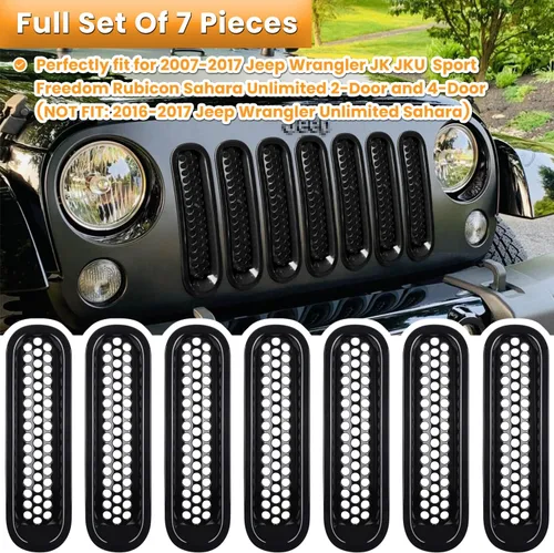 Vista 2 de 7 piezas de insertos de malla para parrilla frontal para Jeep Wrangler JK JKU Unlimited 2007 2008 2009 2010 2011 2012 2013 2014 2015 2016 2017 2018