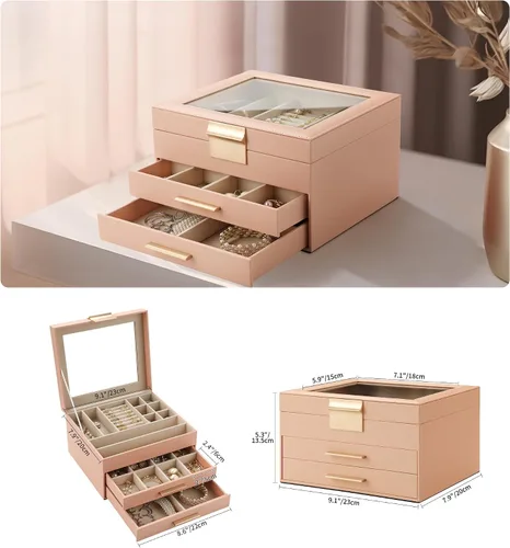 Vista 6 de Joyero con parte superior transparente, organizador grande de 3 capas para mujeres, aretes, anillos, collares, organizador de almacenamiento