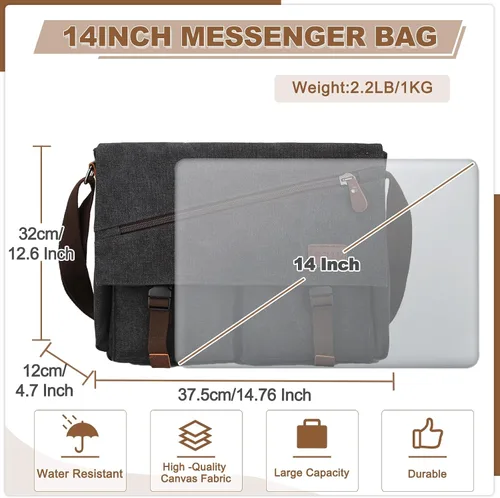 Vista 2 de RAVUO Bolso de mensajero para hombre, bolsa de lona resistente al agua de 14, 15.6, 17 pulgadas, maletines para laptop, bolsa de hombro para negocios