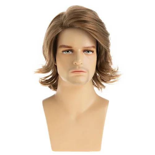Vista 2 de Pelucas cortas onduladas marrones para hombres, sintéticas, resistentes al calor, esponjosas, para Halloween, cosplay, peluca Marrón claro
