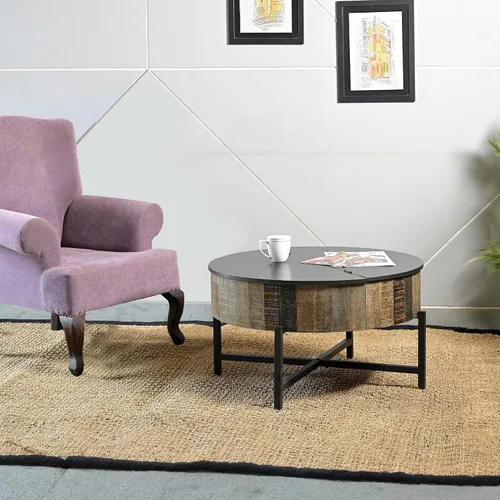 Vista 2 de Mesas de café, mesa de té, mesa de cóctel, mesa auxiliar - Mesa central de madera rústica con acabado vintage con almacenamiento para sala de estar