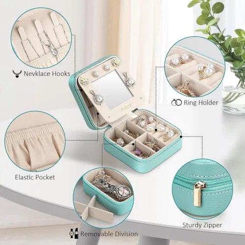 Vista 2 de Ailvy Organizador de joyas de viaje con espejo, joyero pequeño, portátil, estuche de joyería para aretes, anillos, collares, pulseras, regalo
