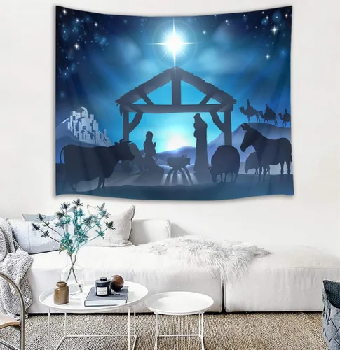 Vista 3 de HVEST Tapiz de cielo estrellado de Jesús, tapiz de belén, Jesucristo, nacido en el pesebre, para colgar en la pared, creyentes cristianos, hombres