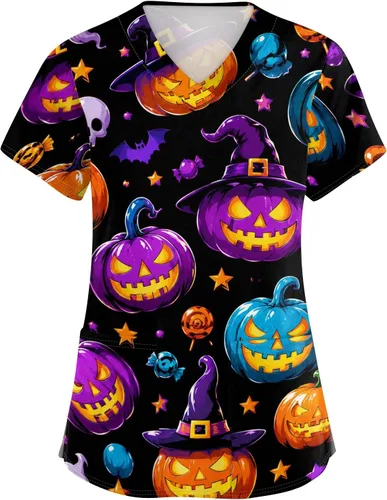 Vista 5 de Camisetas de uniforme médico de Navidad para mujer, talla grande, estampado ##896-Multicolor