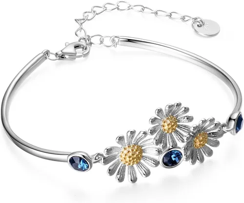 Vista 2 de YAFEINI Pulsera de plata de ley 925 con margaritas y flores para mujer, regalos de joyería, Plata Esterlina