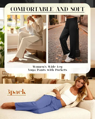 Vista 113 de Neer - Conjunto de 3 pantalones de yoga de pierna ancha para mujer - Pantalones deportivos cómodos, holgados, de cintura alta y casuales
