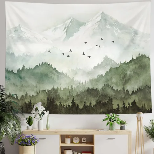 Vista 13 de kampdream Tapiz de bosque de montaña, tapiz de pared con diseño de árbol blanco y negro brumoso, paisaje de acuarela, tapiz de paisaje natural