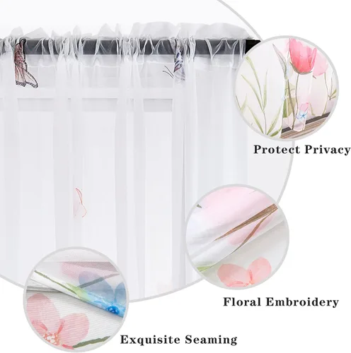 Vista 6 de youleyar Cortinas traslúcidas florales para sala de estar, 2 paneles de 54 pulgadas de largo, cortinas semitransparentes blancas con estampado