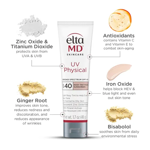 Vista 6 de EltaMD UV Physical Tinted 100% Mineral Face Sunscreen, SPF 40 and 41 Formulated with Antioxidants, 100% Mineral Actives, Transparent Zinc Oxide
