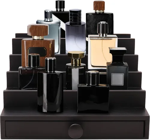 Vista 7 de 5 Tier Men's Cologne Organizer, Black Wood Display Stand Holder with Drawer Negro-5 niveles