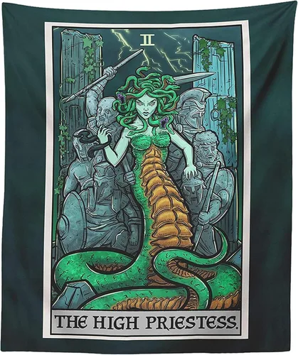 Vista 11 de Tapiz de cartas del tarot de la alta sacerdotisa - Medusa - mitología griega decoración del hogar para colgar en la pared (60 x 50 pulgadas)