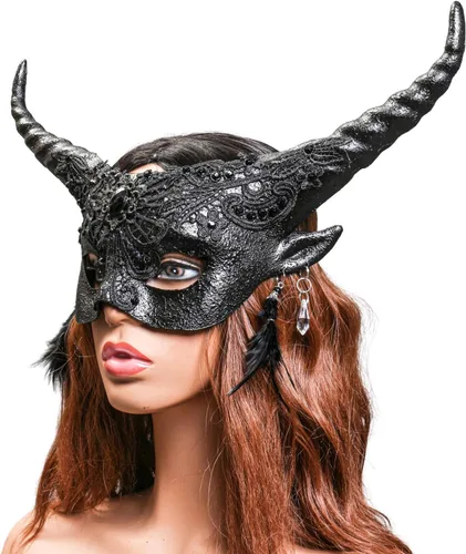 Vista 5 de Máscara de baile de graduación de Halloween, máscara de ojos retorcida de cuerno de diablo largo Krampus Cosplay máscara