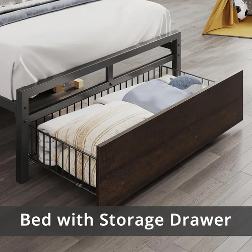 Vista 5 de LIKIMIO - Marco de cama individual con cajón y estación de carga, color marrón oscuro 2-Tier Storage Headboard with Metal Construction Frame, No
