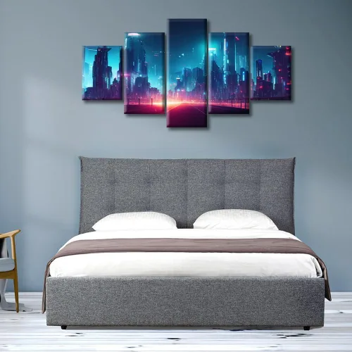Vista 31 de Cuadros de 5 paneles de Cyberpunk City, arte de pared, representación de vallas publicitarias, edificios modernos en la capital con obras de arte